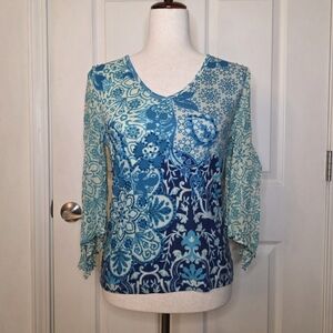 Bila Cream & Blue Floral Beaded & Sequin Flared Sleeve Blouse